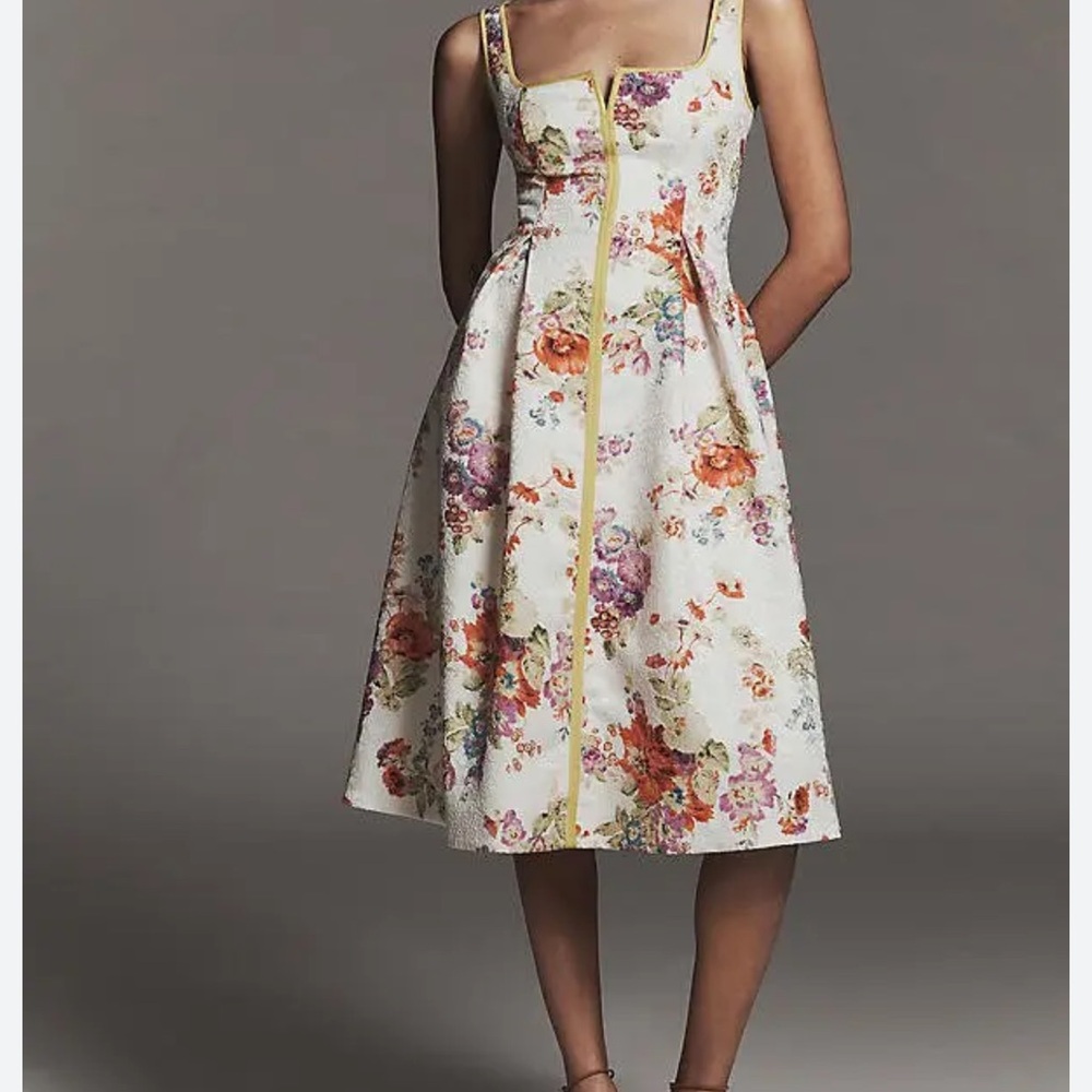 Anthropologie Maeve Square-Neck Piped Midi Dress Cream Floral